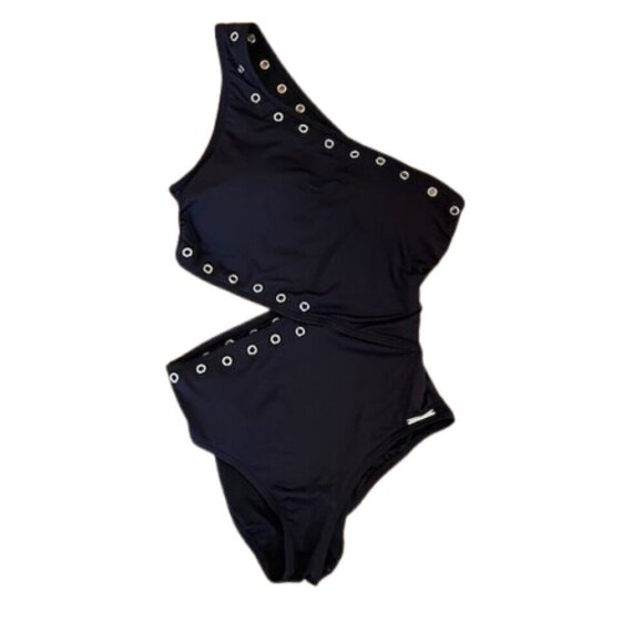 Michael Kors Side Cut Out One Shoulder Black Grommet Swimsuit Grunge Luxe 10 - Picture 3 of 7